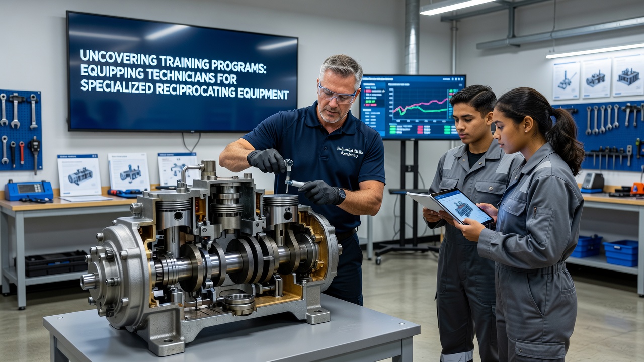 Group of technicians reviewing diagnostic data from reciprocating equipment during a specialized training workshop